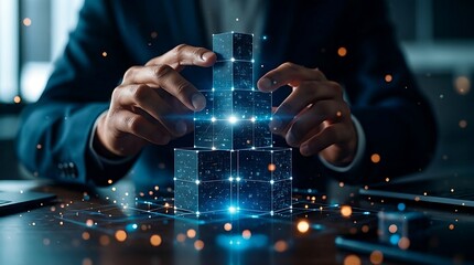 Businessman hand build Digital Future Foundation: Data Blocks or Data cubes symbolizing connection, strategy, solution, blockchain, data digital, AI data Computing for future technology