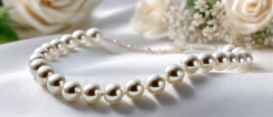 White pearls arranged on soft surface with flowers in background and soft light creating reflections and shadows for a luxurious look in product display