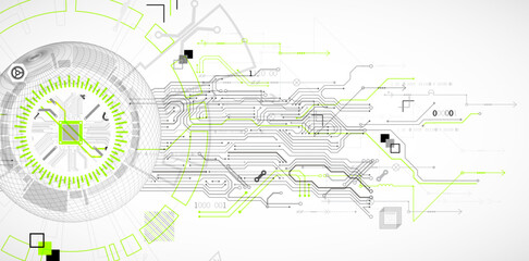 Abstract image of a computer chip in the middle of a wireframe sphere. Vector © Alex
