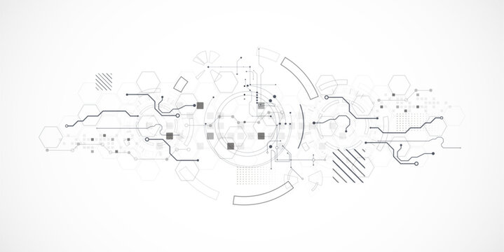 Technological background in gray colors. Used technical lines and a pattern of squares with different shades of gray.