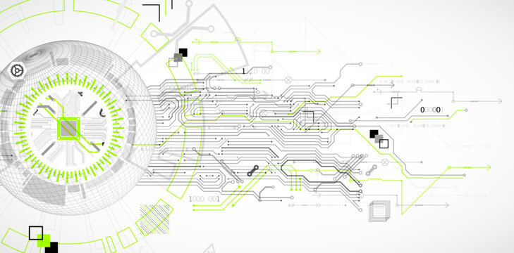 Abstract image of a computer chip in the middle of a wireframe sphere. Vector