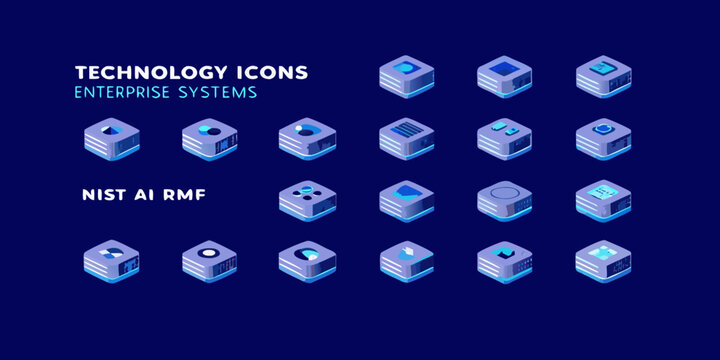 Isometric technology icons depicting enterprise systems and data infrastructure