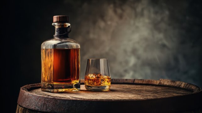 Elegant whiskey in a glass next to a bottle on an aged wooden barrel showcasing rich amber color and inviting textures for a sophisticated ambiance