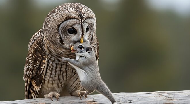 Owl with prey perched on a wooden branch in natural environment
