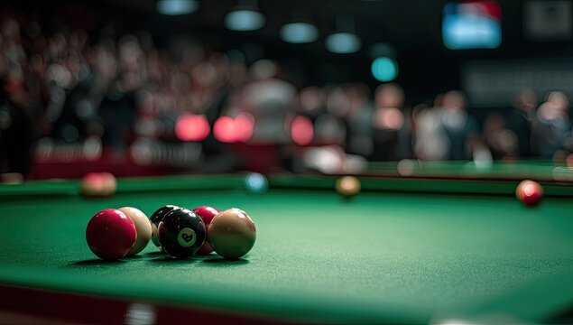Close-up of colorful billiard balls on a green felt table, audience blurred