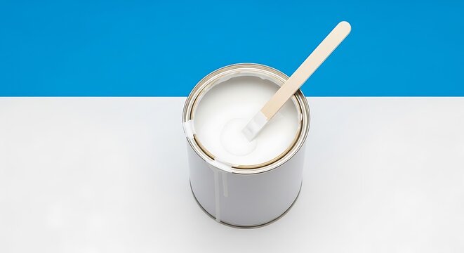 Paint can with wooden stick against a blue and white background