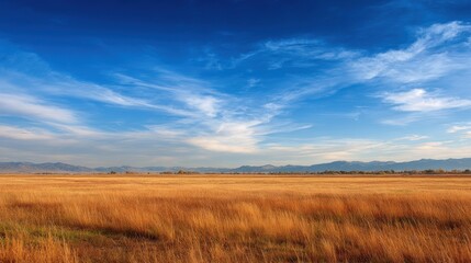 Fototapeta premium Expansive Sunlit Meadow Under Blue Sky with Wispy Clouds and Distant Mountain Range in the Background during Daylight Hours