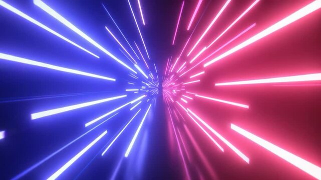 Neon streaks diverge from center in a split gradient of blue and red, creating a tunnel-like abstract scene