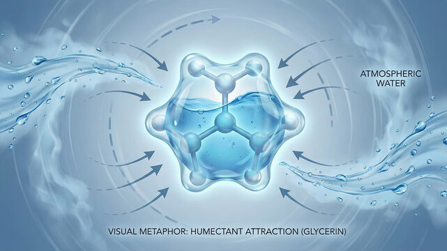 Molecule illustrates humectant attraction with water droplets surrounding it. Clear blue backdrop enhances focus on the subject. Concept of skincare, health, cosmetics