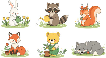 Fototapeta premium Cute Woodland Forest Animals Gardening Collection with Bunny, Raccoon, Fox, Bear, Wolf and Squirrel Cartoon Vector Set