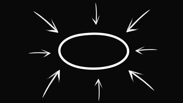 Hand drawn oval highlight surrounded by pointing arrows with gentle wiggle motion on dark background. Perfect attention indicator overlay for presentations, tutorials and marketing videos.