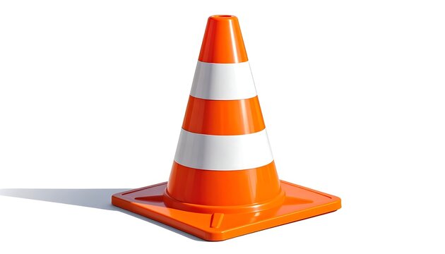 Bright orange traffic cone with white stripes casting a shadow on a clean white background