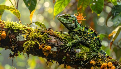 Obraz premium A vibrant reptile with a spiky crest sits on a moss-covered branch, surrounded by lush foliage