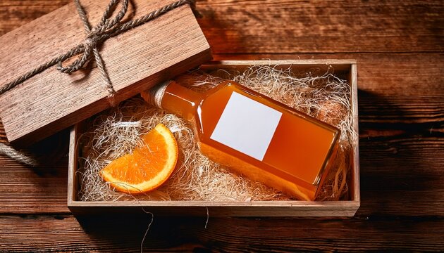 Orangenlik&ouml;r in Geschenkbox mit Holzwolle