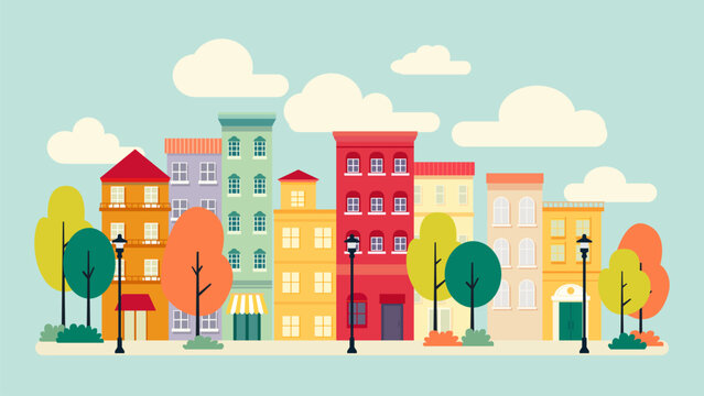 Urban buildings in a small town. Cityscape with colorful houses, trees, clouds, sidewalks, and streetlights. Vector illustration of the city.