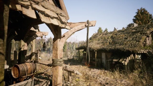 A rustic village features wooden structures under a bright sky. A noose dangles from a beam, hinting at a mysterious past. Nearby, a barrel rests against a fence, adding to the scenes authenticity.