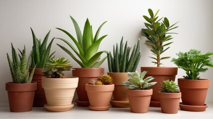 Fototapeta premium Cacti and succulents grow in pots on a shelf against white walls in a bright room during daylight