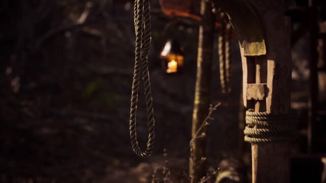 A warm glow emits from an old lantern hanging in a wooden structure amidst the dusk. Ropes dangle nearby, adding to the rustic ambiance of the secluded location in nature.