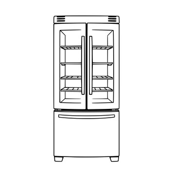 Large commercial double door refrigerator with bottom freezer drawer, black vector illustration ideal for kitchen design apps and B2B marketing