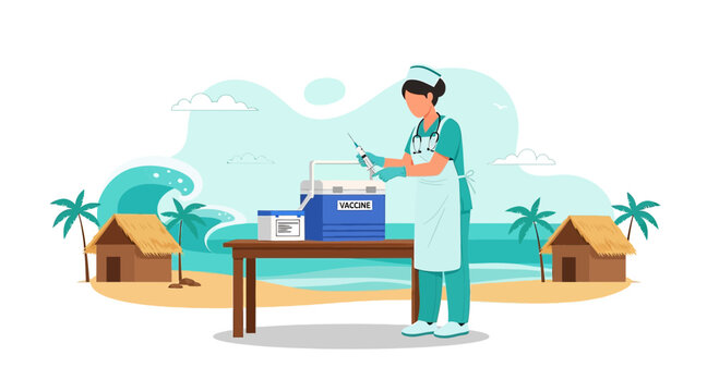 Nurse Administering Vaccine on Tropical Beach with Vaccine Cooler