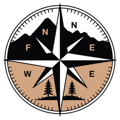 Vintage-style compass with nature silhouettes for adventure and travel