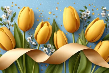 Fototapeta premium Bright yellow tulips with ribbon and gold stars on a blue background for spring celebration
