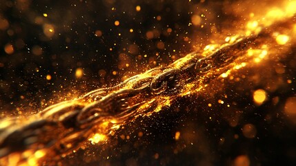 Fototapeta premium Fiery Golden Chain Ignites with Sparkles in Mysterious Dark Abstract.