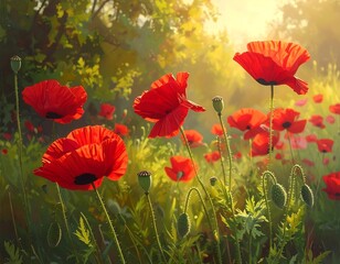 Fototapeta premium A vibrant painting of blooming red flowers with thin stems under a bright sky. Green plants and foliage are in the background