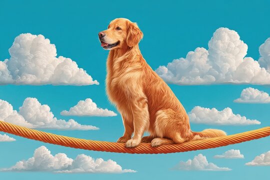 Golden retriever balancing on a rope symbolizing business growth, leadership and stability