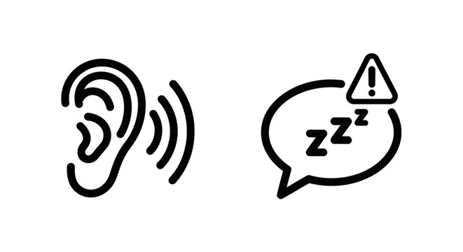 Ear with sound waves icon and a speech bubble with 'ZZZ' and exclamation mark, symbolizing hearing, noise, and disturbed sleep.