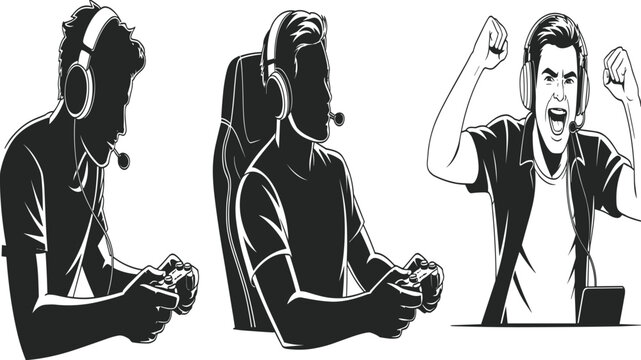 Three Focused Male Gamers Wearing Headphones Playing Games on Laptops and Celebrating Victory in Modern Esports Arena