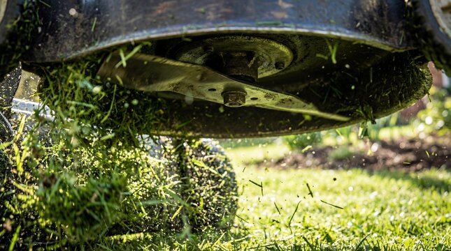 Close up of spinning mower blade under deck grass clippings exploding