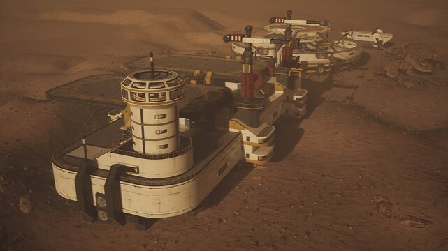 In a futuristic Martian landscape, a colony features modular habitats and research stations. The structures are designed for long term survival and exploration of the red planet.