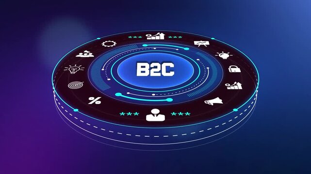 B2c digital marketing strategy and consumer behavior analysis, futuristic hud interface for business to consumer retail visuals