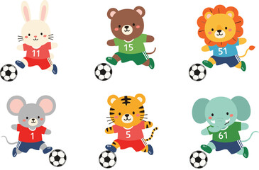 Obraz premium Cute Animal Soccer Players Cartoon Collection with Bunny, Bear, Lion, Tiger, Mouse and Elephant Football Vector Set