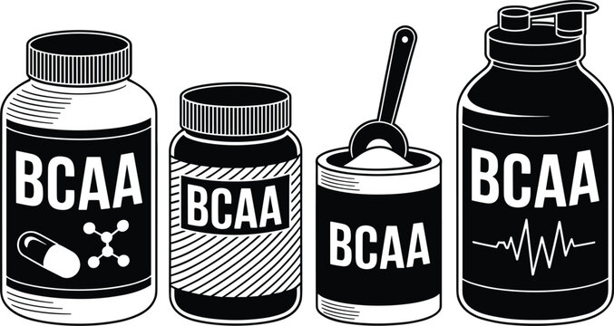 BCAA Supplement Containers and Protein Powder Scoop Vector Icons, Amino Acid Jar and Shaker Bottle Black and White Illustration Isolated on White
