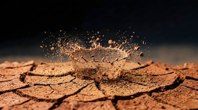 Dynamic Mud Splash on Dry Cracked Earth