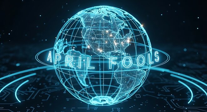 Global April Fools celebration concept with neon globe