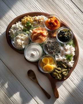 Probiotic foods arranged in brain shape with yogurt kefir kimchi sauerkraut and tempeh gut brain wellness concept