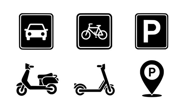 A set of six black and white vector icons depicting various modes of transportation and parking symbols