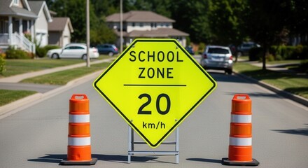 School Zone Warning Sign With Speed Limit Representing Community Safety Regulations