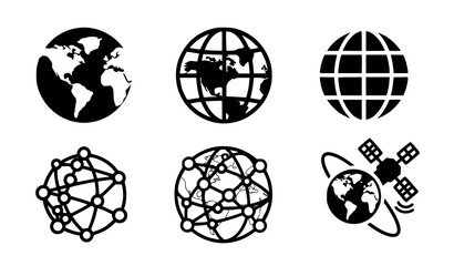 A set of black and white vector graphics depicting global network and satellite icons © MdTobarak