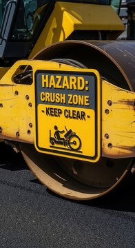 Warning Sign on Yellow Roller: Hazard Zone Indicates Dangers of Road Construction Equipment