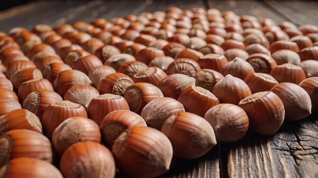 Close up arrangement of hazelnuts on wooden surface