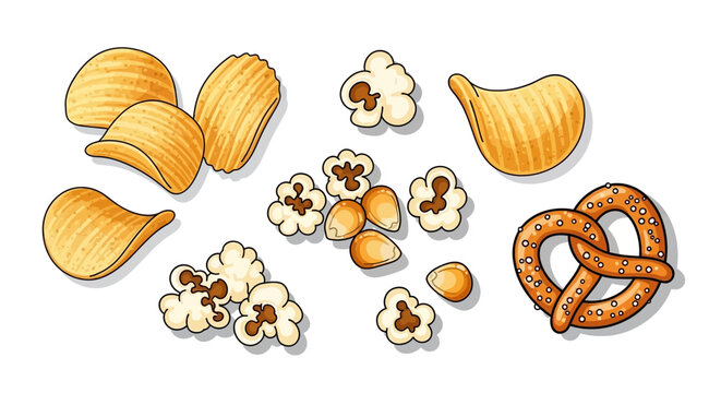 Colorful snack assortment with chips, popcorn, and pretzel