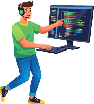 Software developer analyzing code on a large computer monitor