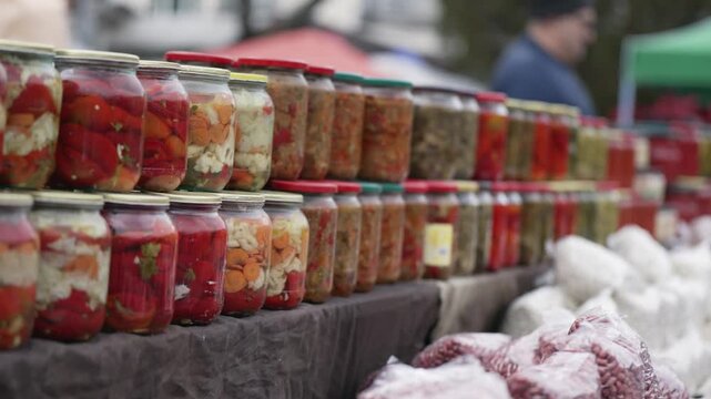 Mediterranean pickled vegetables and fruits on the open market