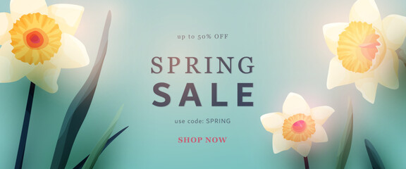 Naklejka premium Spring sale banner with beautiful narcissus flowers vector illustration. Floral background for seasonal shopping, discounts and marketing promotion. Elegant design with blooming daffodils