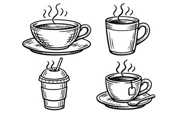 Obraz premium Black and white outline set of hot drinks: teacup, mug, takeaway cup, and coffee cup with saucer. Steam lines show warmth and comfort in a cafe style.