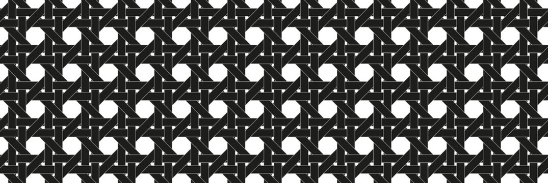 Horizontal black rattan hexagon seamless pattern. Interlaced basket weave texture on white background